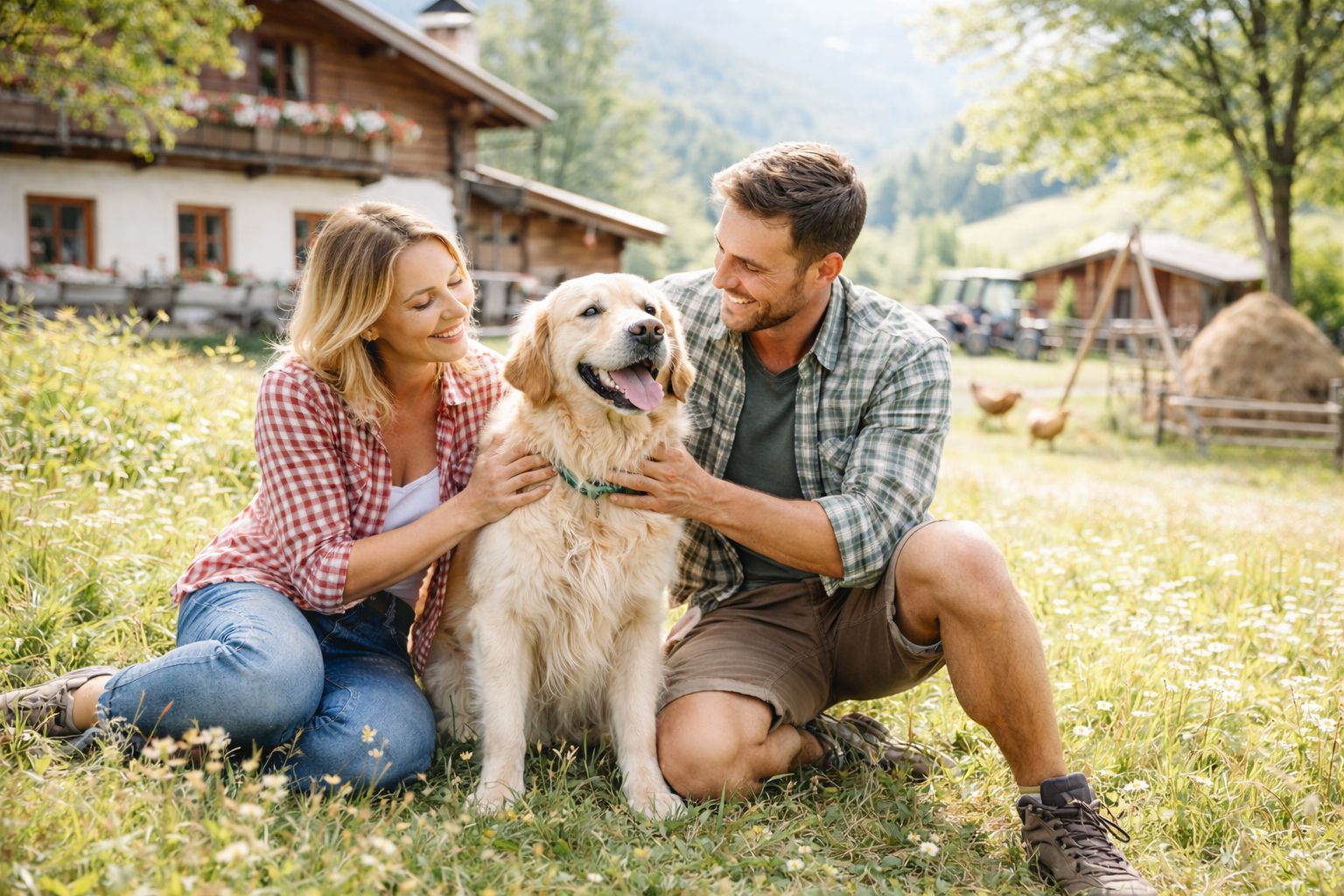 Paar mit Hund auf einer Wiese vor einem Bauernhaus